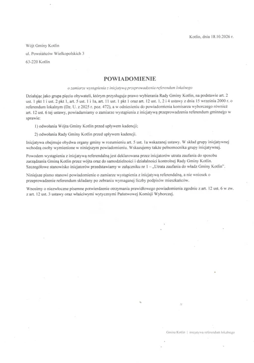 Powiadomienie o zamiarze przeprowadzenia referendum w gminie Kotlin